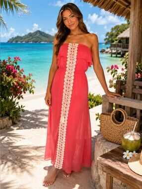 No Boundaries Coral Maxi Dress with Crochet Tassel Trim